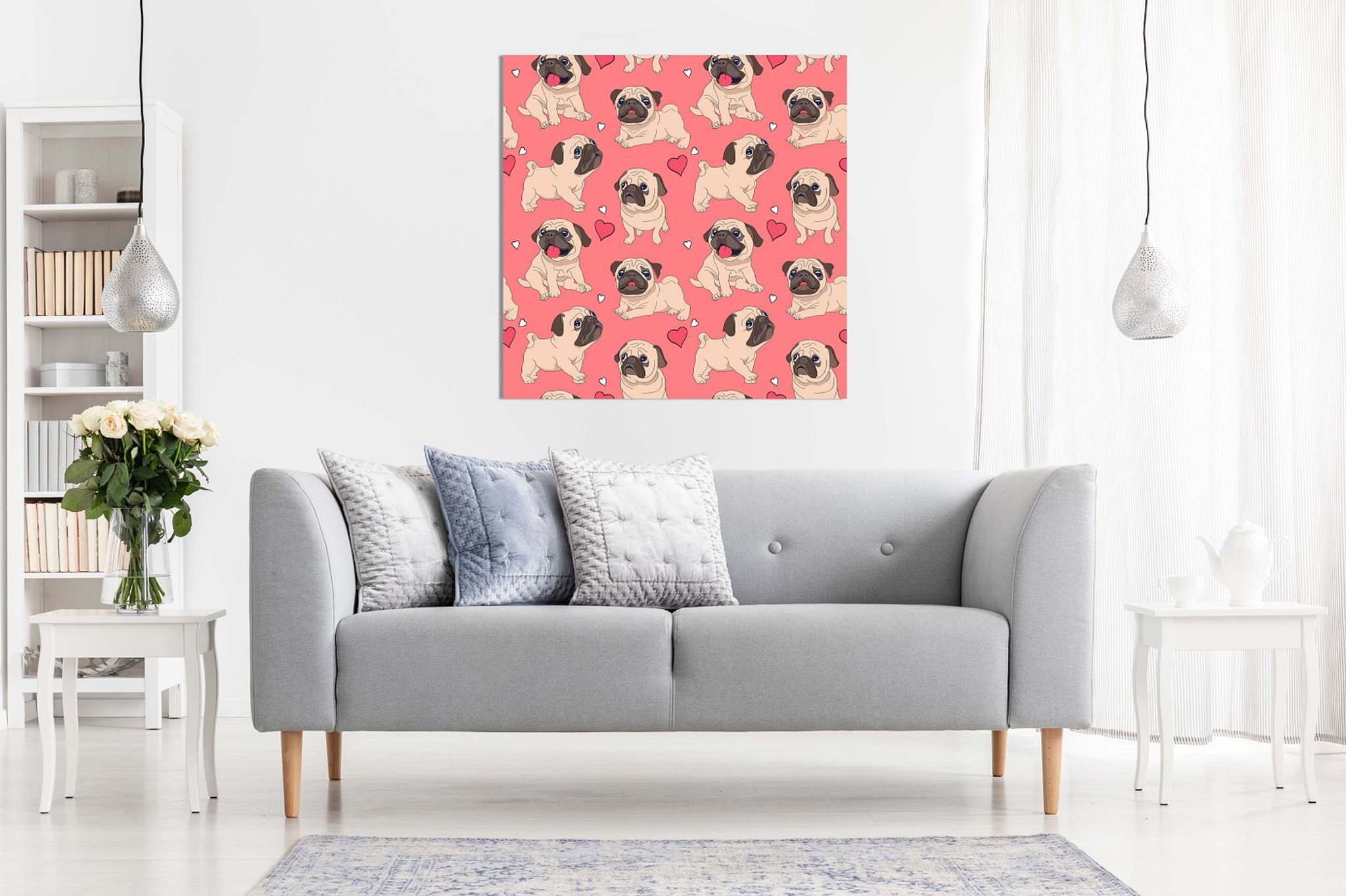Cute Cartoon Pugs Puppies On A Pink Background Canvas