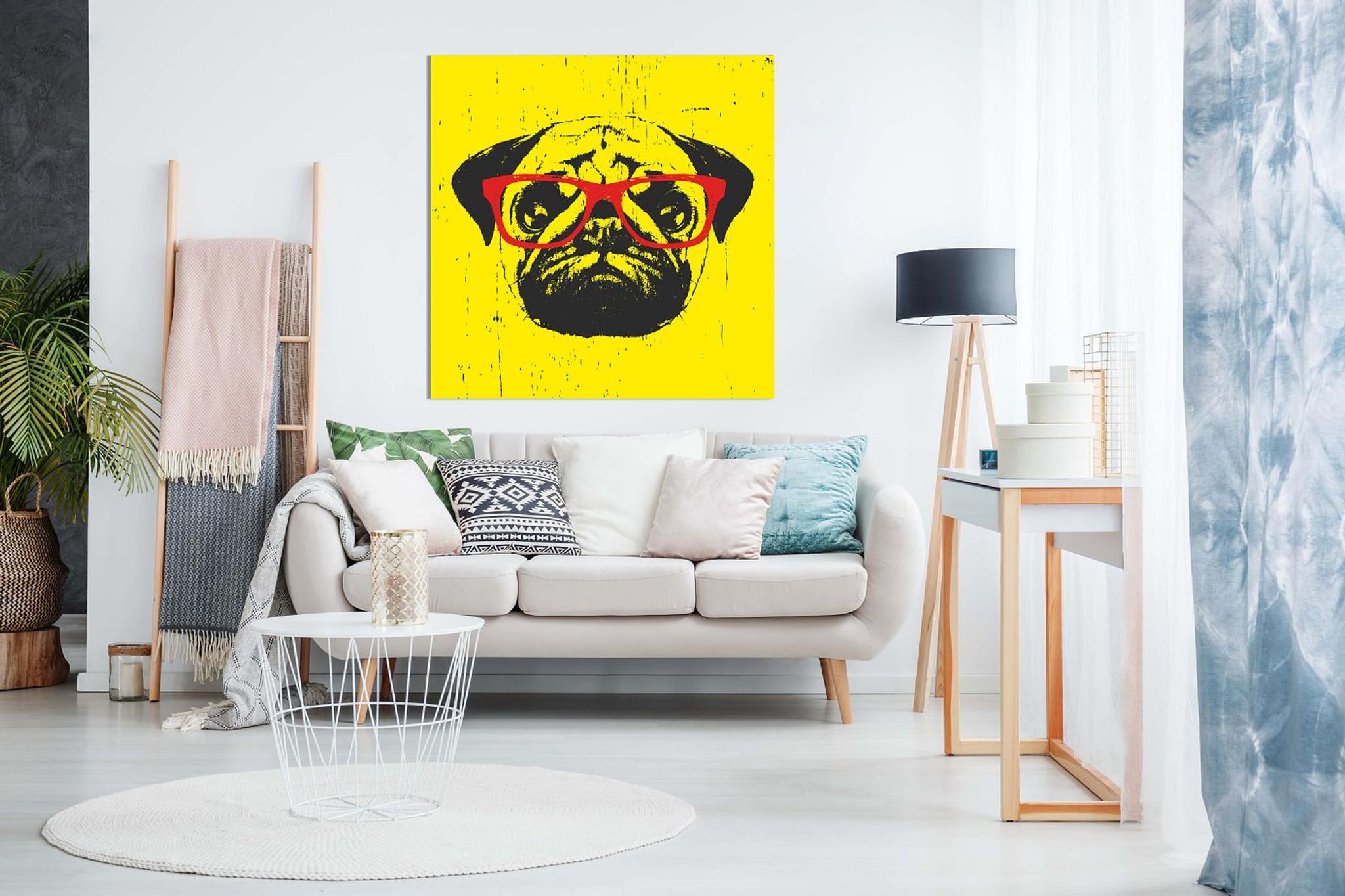 Funny Pug Dog With Glasses Yellow Background Canvas