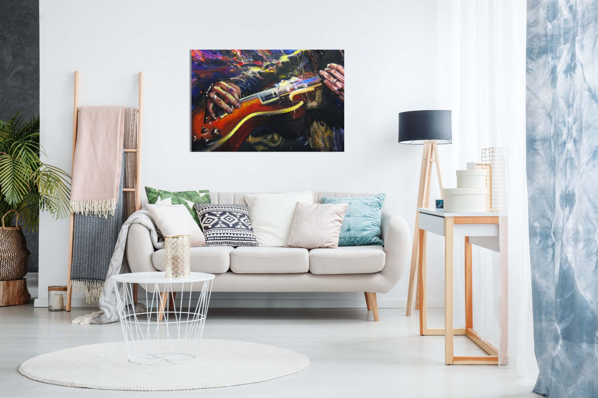 Painting of Guitarists Hands Music Multicoloured Canvas