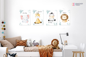 Playroom Set of 4 A3 Posters Safari Elephant, Giraffe, Lion, & Zebra