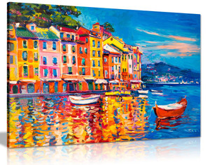 Colourful Oil Painting Boats Sea Harbour Canvas