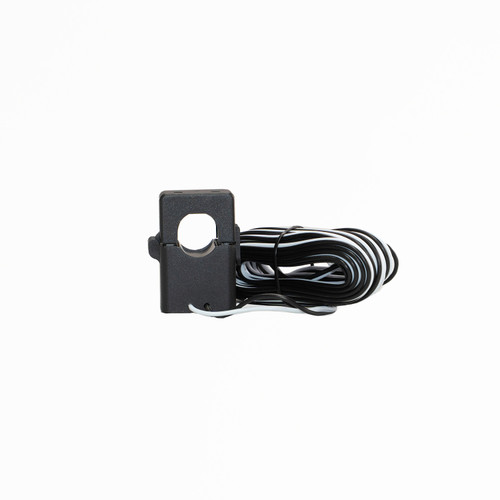 A small black plastic electrical clamp (CT clamp) next to a coiled black cable