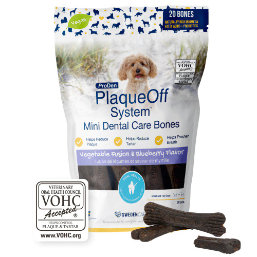 Packaging of ProDen PlaqueOff® System Mini Dental Care Bones – Vegetable Fusion & Blueberry Flavor with A.N ProDen® Kelp for small dog breeds. Packaging of ProDen PlaqueOff® System Mini Dental Care Bones – Vegetable Fusion & Blueberry Flavor with A.N ProDen® Kelp for small dog breeds.