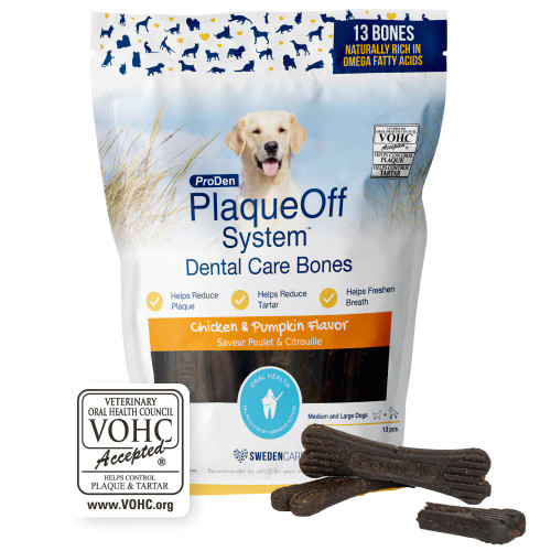 Packaging of ProDen PlaqueOff® System Dental Care Bones – Chicken & Pumpkin Flavor with A.N ProDen® Kelp for dog dental health. Packaging of ProDen PlaqueOff® System Dental Care Bones – Chicken & Pumpkin Flavor with A.N ProDen® Kelp for dog dental health.