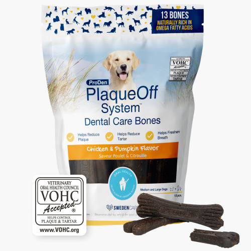 Packaging of ProDen PlaqueOff® System Dental Care Bones – Chicken & Pumpkin Flavor with A.N ProDen® Kelp for dog dental health. Packaging of ProDen PlaqueOff® System Dental Care Bones – Chicken & Pumpkin Flavor with A.N ProDen® Kelp for dog dental health.