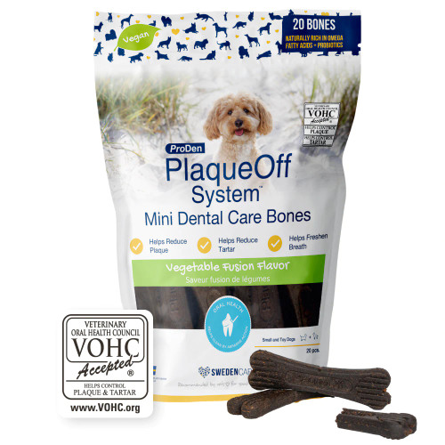 Packaging of ProDen PlaqueOff® System Dental Care Bones – Vegetable Fusion Flavor with A.N ProDen® Kelp for dog dental health. Packaging of ProDen PlaqueOff® System Dental Care Bones – Vegetable Fusion Flavor with A.N ProDen® Kelp for dog dental health.