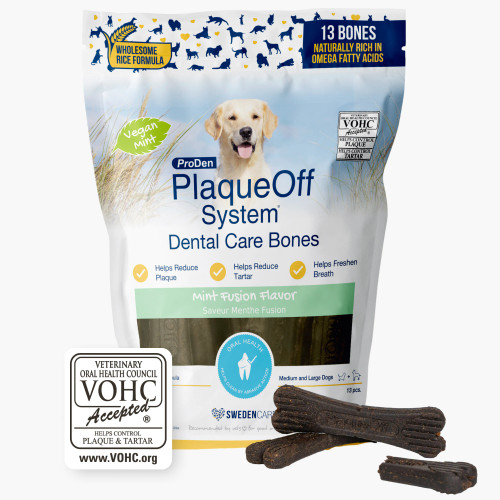 ProDen PlaqueOff® Dental Care Bones – Mint Fusion packaging with A.N ProDen® Kelp for dog dental health. ProDen PlaqueOff® Dental Care Bones – Mint Fusion packaging with A.N ProDen® Kelp for dog dental health.