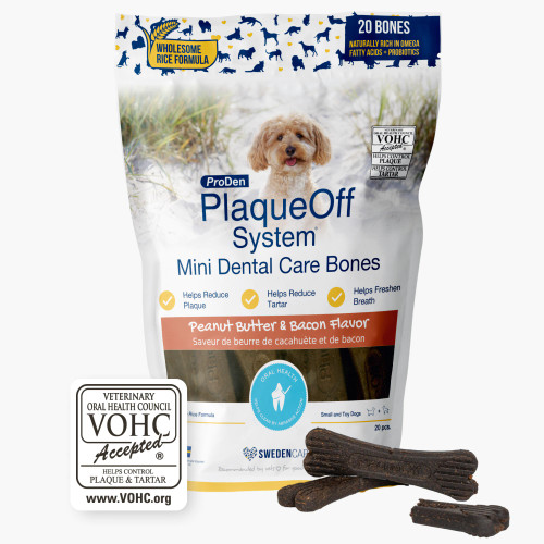 ProDen PlaqueOff® Mini Dental Care Bones - Peanut Butter & Bacon – VOHC Accepted Dental Chews for Small Dogs ProDen PlaqueOff® Mini Dental Care Bones - Peanut Butter & Bacon – VOHC Accepted Dental Chews for Small Dogs