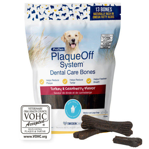 Packaging of ProDen PlaqueOff® System Dental Care Bones – Turkey and Cranberry Flavor with A.N ProDen® Kelp for dog dental health. Packaging of ProDen PlaqueOff® System Dental Care Bones – Turkey and Cranberry Flavor with A.N ProDen® Kelp for dog dental health.