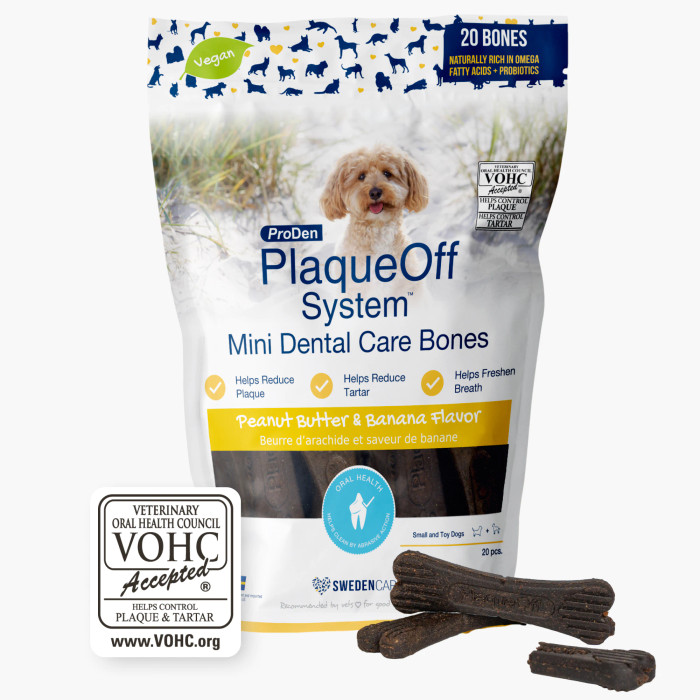 Packaging of ProDen PlaqueOff® System Mini Dental Care Bones – Peanut Butter & Banana Flavor with A.N ProDen® Kelp for small dog breeds.