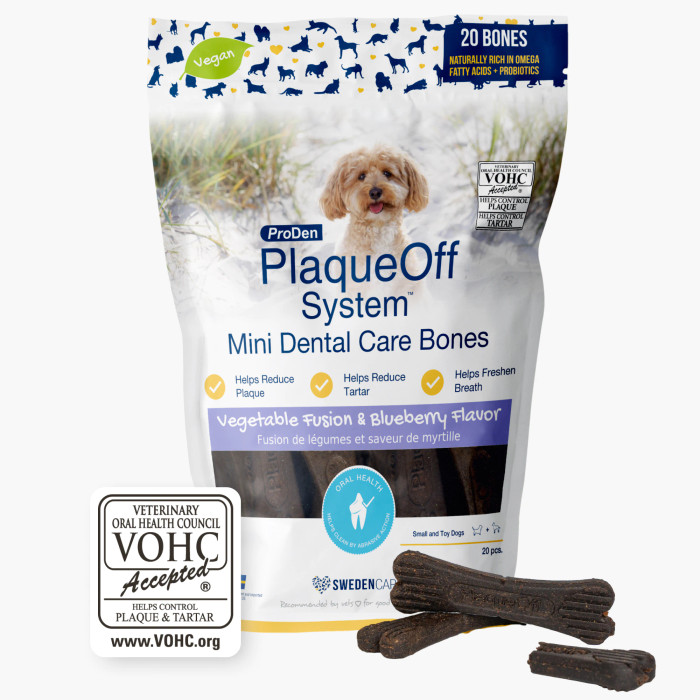 Packaging of ProDen PlaqueOff® System Mini Dental Care Bones – Vegetable Fusion & Blueberry Flavor with A.N ProDen® Kelp for small dog breeds.