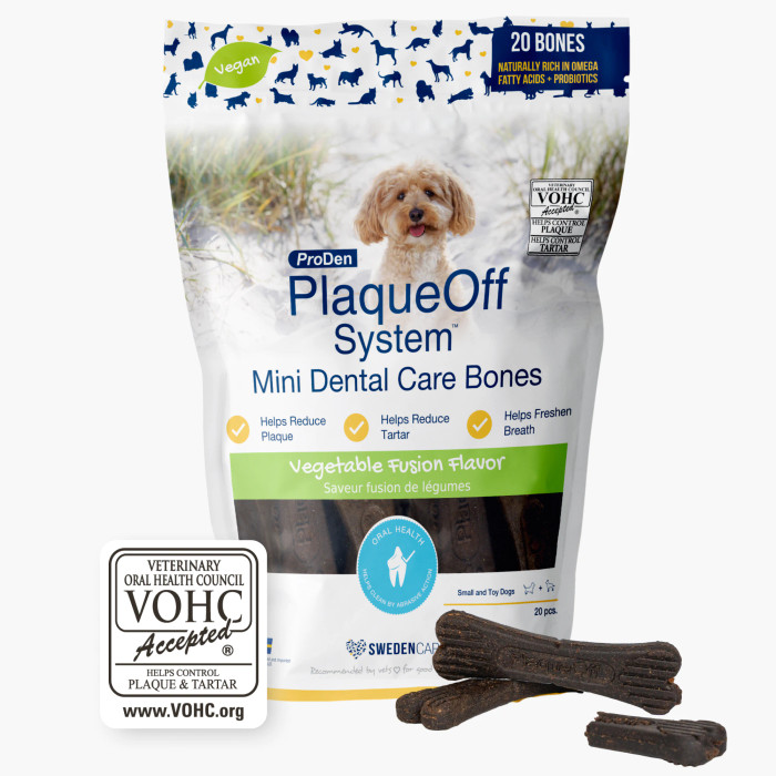 Packaging of ProDen PlaqueOff® System Dental Care Bones – Vegetable Fusion Flavor with A.N ProDen® Kelp for dog dental health.