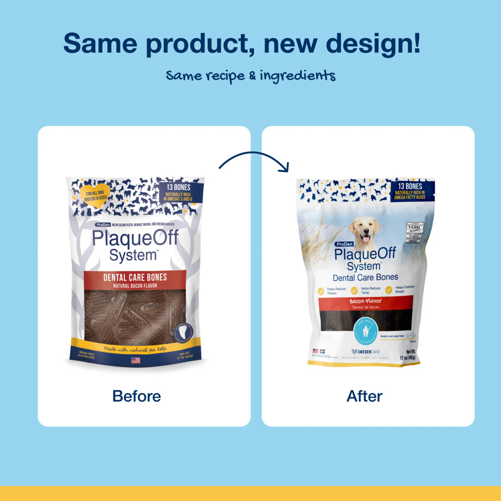 Before and after comparison showing ProDen PlaqueOff® System Dental Care Bones – Turkey and Cranberry Flavor. Before and after comparison showing ProDen PlaqueOff® System Dental Care Bones – Turkey and Cranberry Flavor.