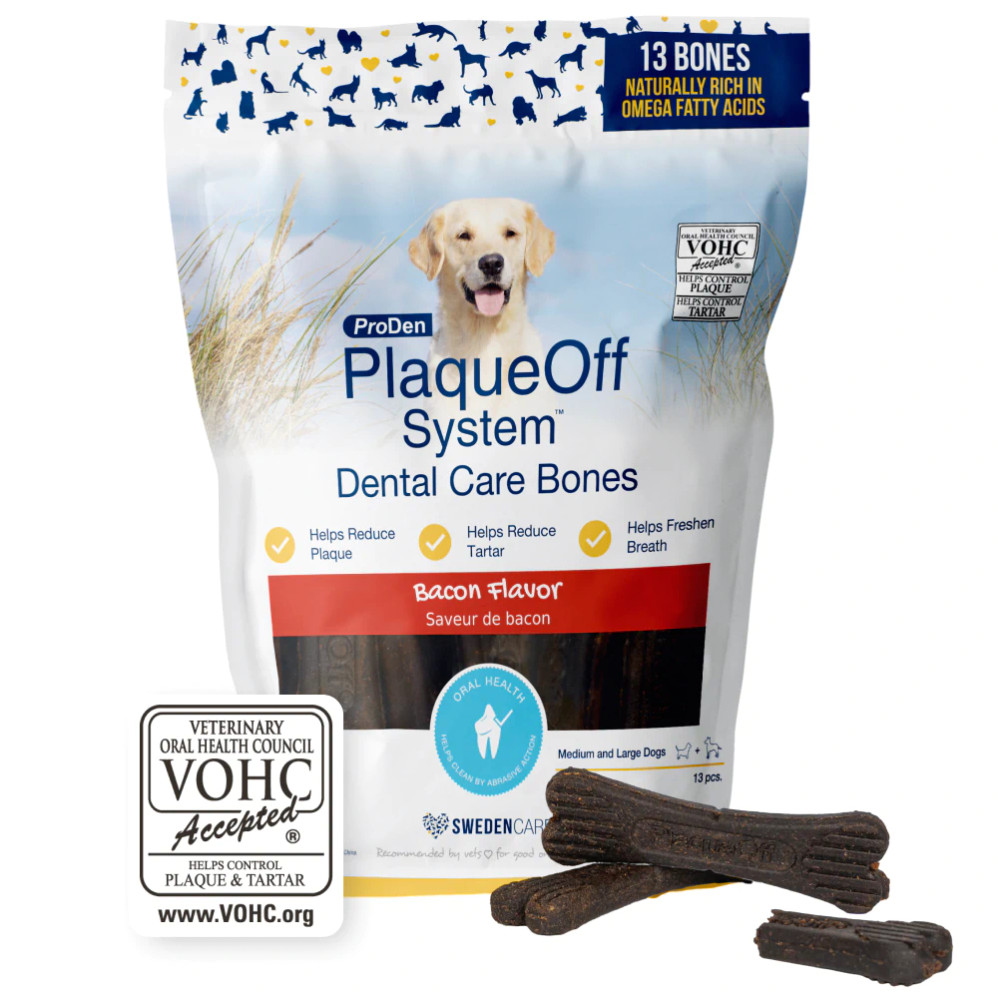 ProDen PlaqueOff® Dental Care Bones – Bacon Flavor packaging with A.N ProDen® Kelp for dental health. ProDen PlaqueOff® Dental Care Bones – Bacon Flavor packaging with A.N ProDen® Kelp for dental health.