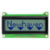 Front view of an 8x1 character LCD with an unlit STN+ gray screen showing the word Newhaven and four triangle icons below it in dark text.