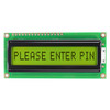 Front view of an unlit 16x1 character LCD with a STN+ yellow-green screen showing the text Please Enter Pin.