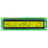 Front view of a 16x1 character LCD with a yellow-green backlit screen showing the text Hello World! LCD.