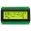 Front view of a 20x4 character LCD with a backlit yellow-green screen showing dark text.