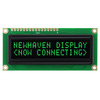 Front view of a 16x2 character OLED display module on a green PCB showing illuminated green text on a black background.