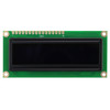 Front view of a 16x2 character OLED display module on a green PCB with an inactive black screen.