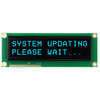Front view of a 16x2 character OLED display module on a green PCB showing illuminated blue text on a black background.