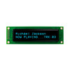 Front view of a 20x2 character OLED display module on a green PCB showing illuminated blue text on a black background.