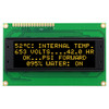 Front view of a 20x4 character OLED display module on a green PCB showing illuminated yellow text on a black background.