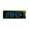 Front view of a 20x4 character slim OLED display module on a green PCB showing illuminated blue text on a black background.