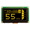 Front view of an OLED module with a 128x64 pixel display on a green PCB, showing a monochrome yellow informational readout.