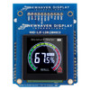 Front view of a blue circuit board with an integrated 1.5-inch color OLED display showing a moisture meter readout graphic.