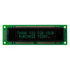 A 20x2 character VFD on a green circuit board showing text in illuminated green 5x8 dot matrix characters.