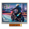 Front view of a bright 640x480 pixel IPS TFT LCD showing an image from a motorcycle racing video game.