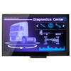 Front view of a bright 800x480 pixel IPS TFT LCD showing touch controls for a semi truck diagnostic system.
