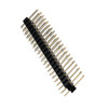 An angled view of a pin header with 2 rows of 20 connection pins, with the right side toward the camera to highlight the pin layout.