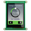Front view of a green circuit board with an integrated 2.8-inch IPS TFT display showing a power consumption readout inside a circular graphic with left and right directional buttons on a grey background.