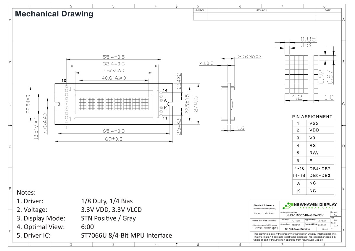 1X8 Character LCD | STN+ Gray Display with No Backlight 3.3V