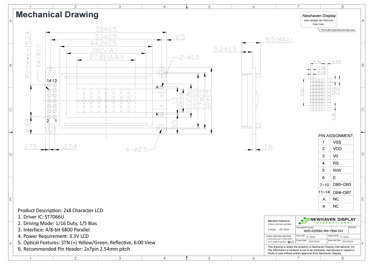 8x2 Character LCD | STN+ Yellow/Green Display with No Backlight 3.3V