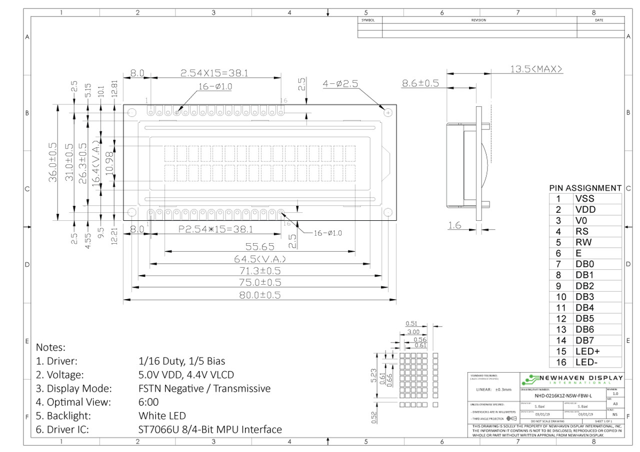 16x2 Character LCD, FSTN- Display K1Z with Side White Backlight