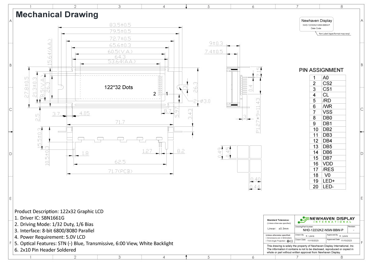 122x32 Graphic LCD Display | STN-Blue Display with Side White