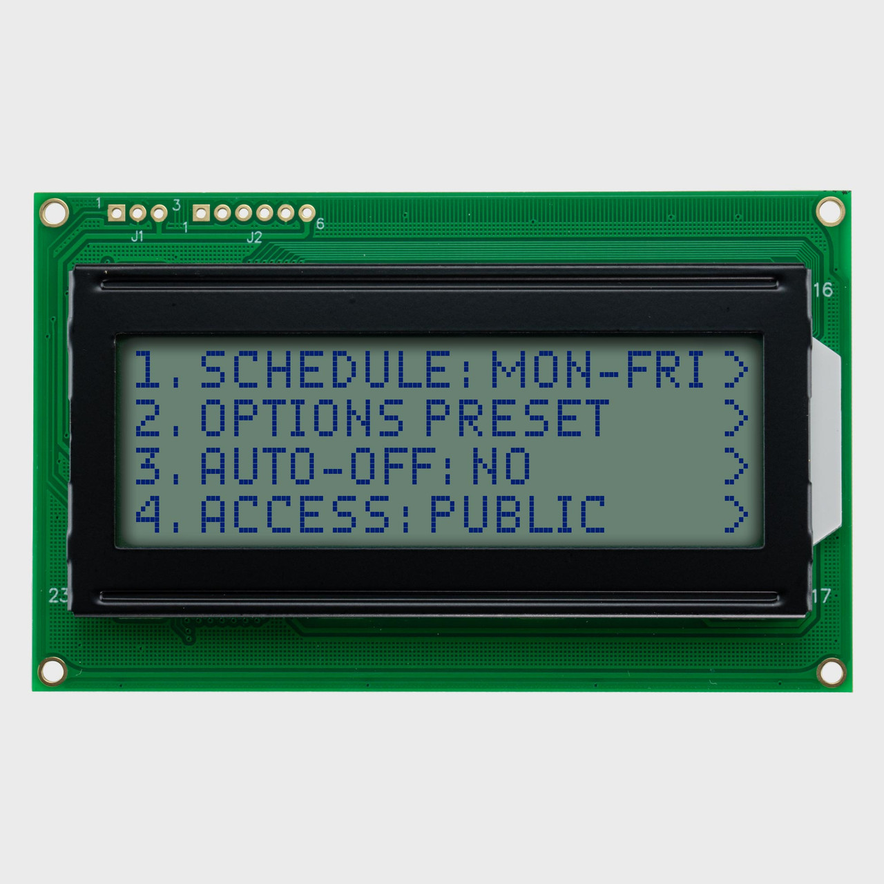 20×4文字 LCD | STN+ グレー シリアル表示装置（黄緑色バックライト付き）