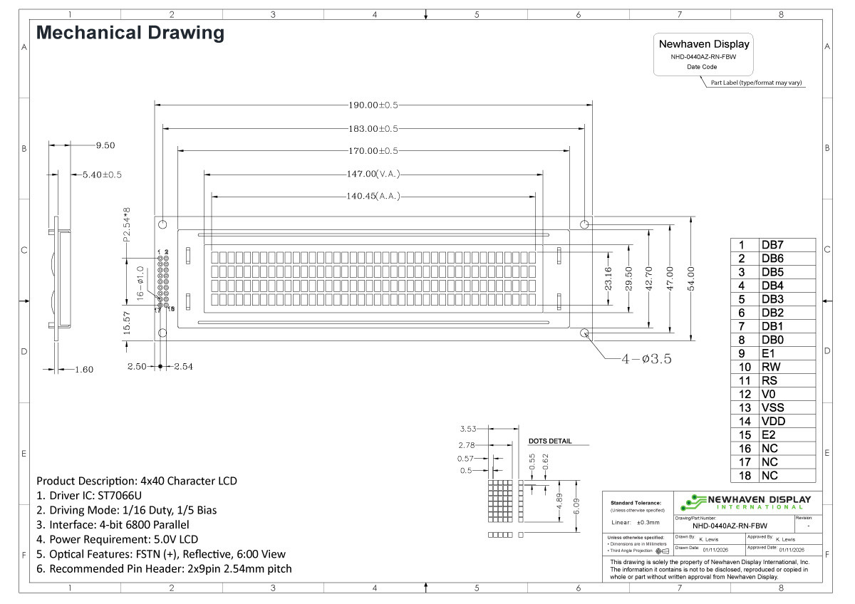 40x4 Character LCD | FSTN+ Display with No Backlight