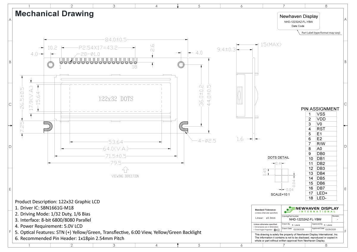 122x32 Graphic LCD Module | STN+ Yellow-Green Display with Yellow