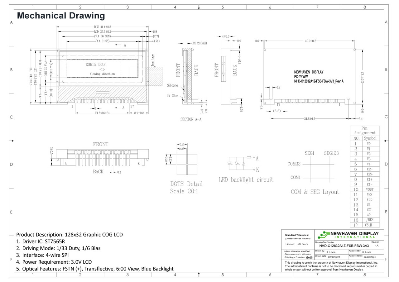 128x32 Graphic COG LCD | FSTN+ Display with Blue Backlight