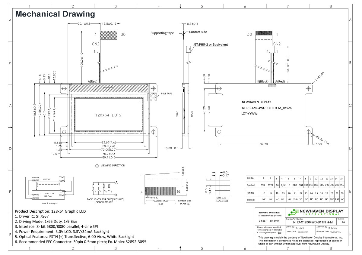 128x64 グラフィック COG LCD | FSTN+、ホワイトバックライト