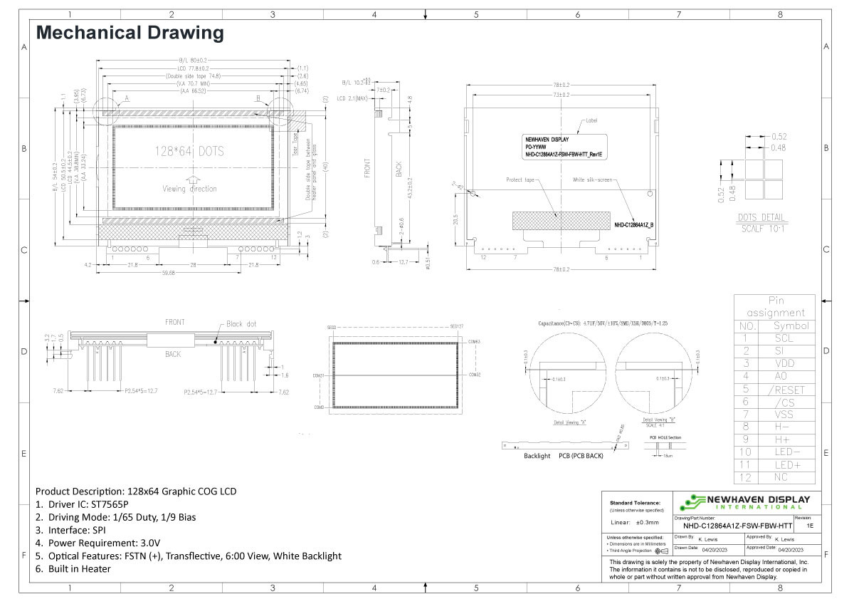 128x64 Graphic COG LCD Display with White Backlight & Heater