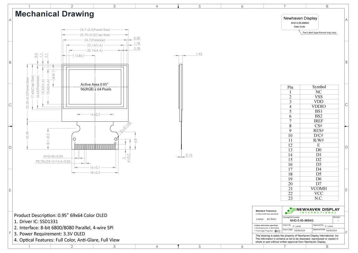 0.95 inch Full Color Graphic OLED Glass Display