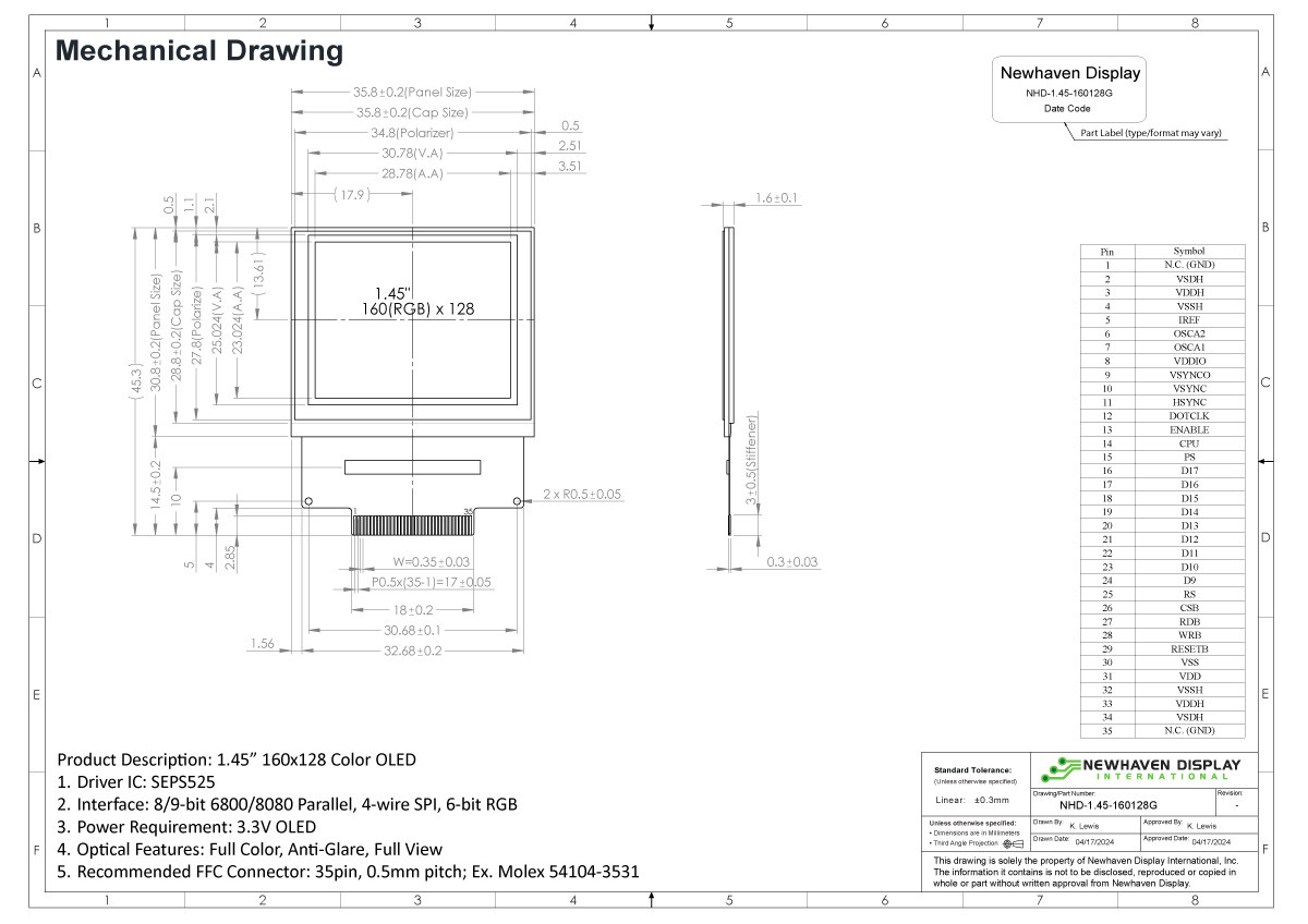 1.45 inch Full Color OLED Glass