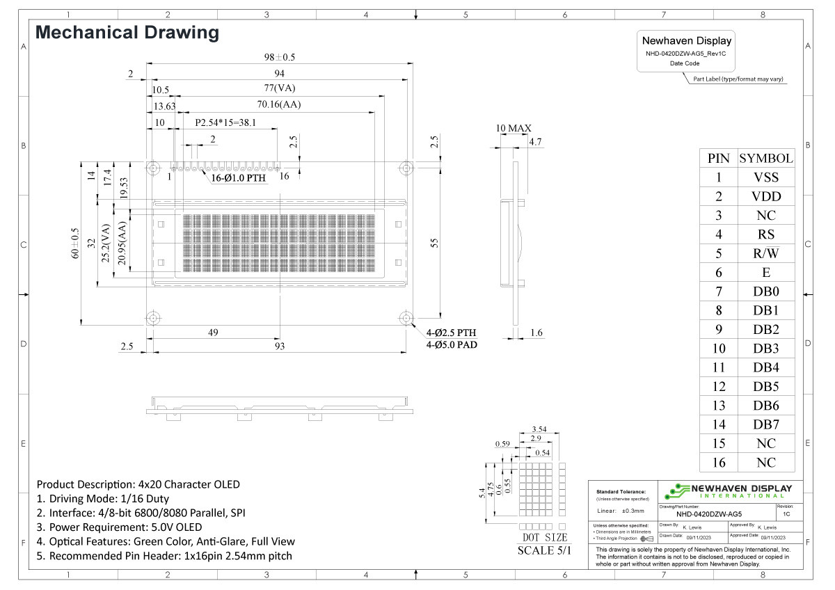 Green 20x4 Character OLED Module