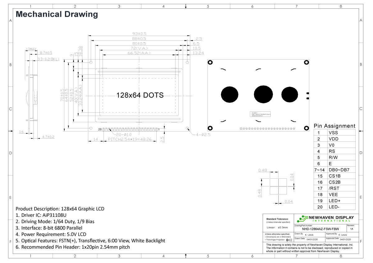 128x64 Graphic LCD Module | FSTN+ model-AZ with White Side Backlight