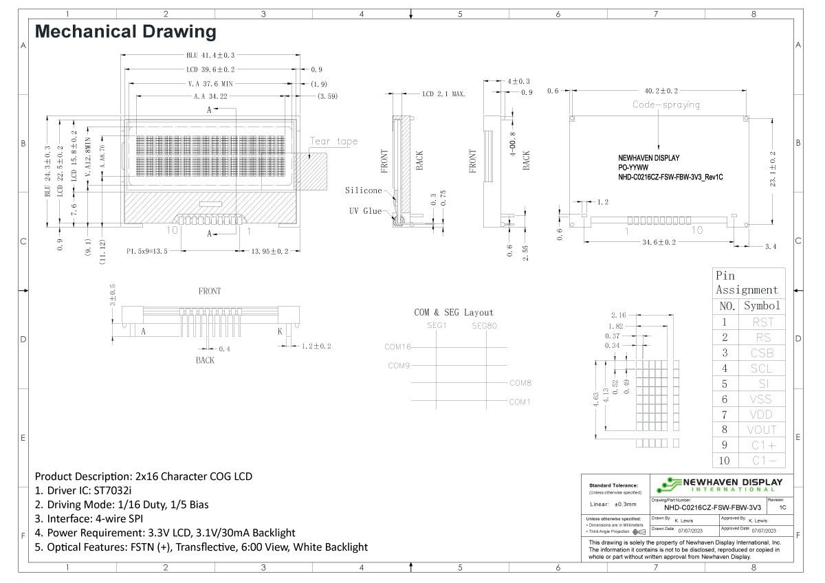 16x2 Character COG LCD | FSTN+ Display with Side White Backlight 3.3V